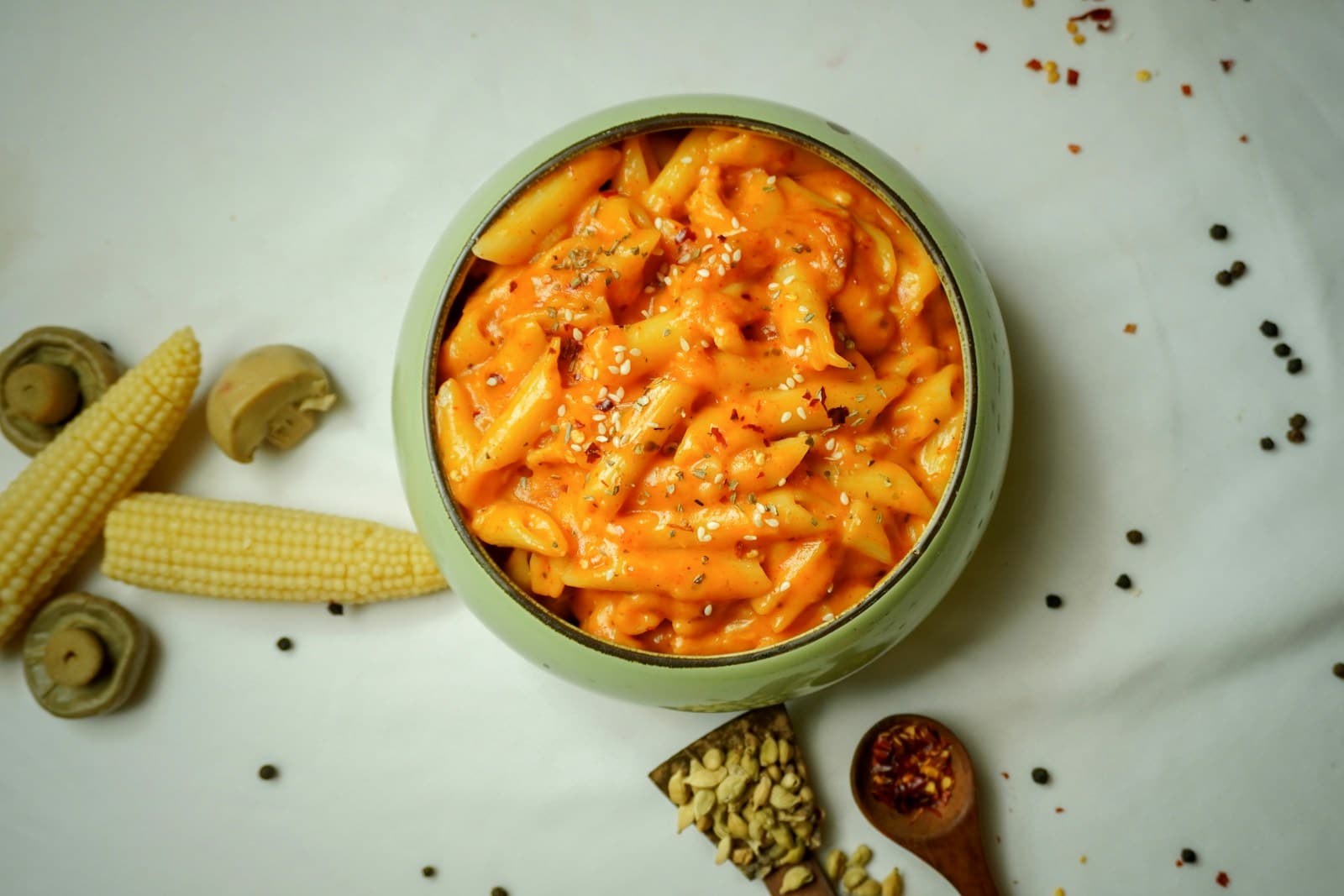 Penne in a creamy sauce with corn and mushrooms